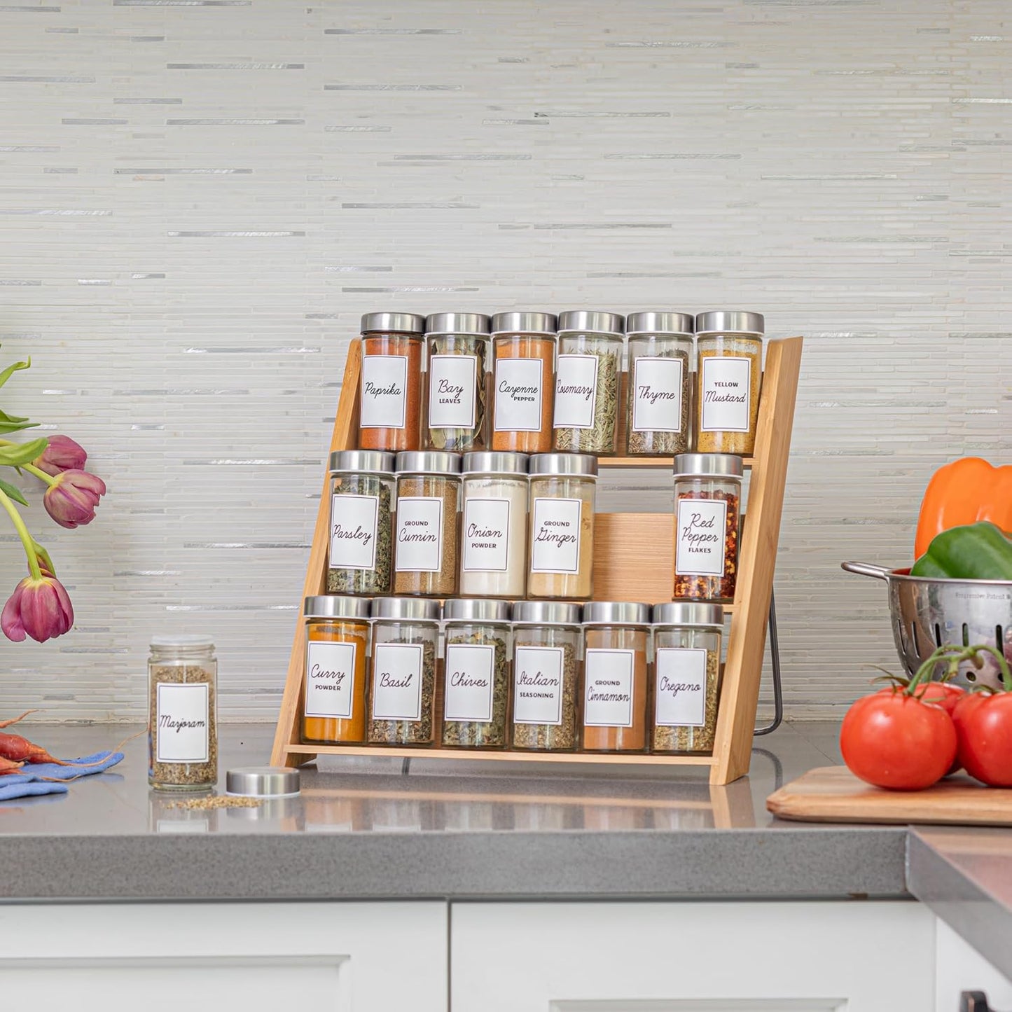 Orii 18 Jar Bamboo Compact Spice Organizer for Countertop and Kitchen Drawer, Filled with Spices, Program