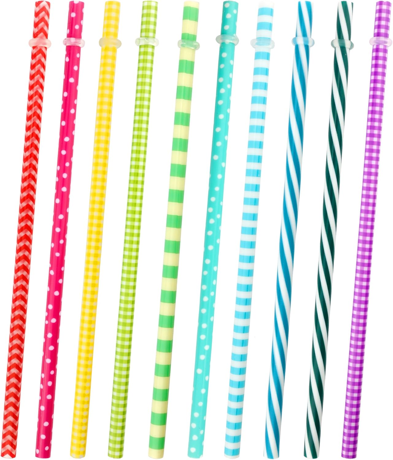 JANYUN 30 Pieces Reusable Plastic Straws BPA-Free 9" Colorful Printing Hard Platic Stripe Drinking Straw for Mason Jar Tumbler Family or Party Use Cleaning Brush Included(Random Pattern) (Straight)
