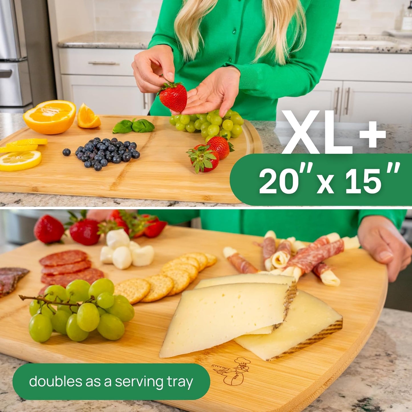 Greener Chef 20 Inch Bamboo Cutting Board Featuring Super-Sized Glue-Free Surface™ – Heavy Duty Butcher Block for Safe Meal Prep, Chopping & Carving with Lifetime Replacements