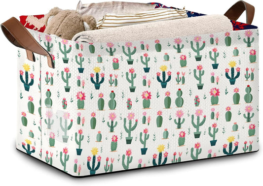 Desert Bloom Storage Basket Large 17x11.5x10.5 Inche-Collapsible Fabric Organizer Bin with Handles for Southwest Decor, Nursery, Boho Style-Decorative Hamper with Succulent & Flower-Single Pack