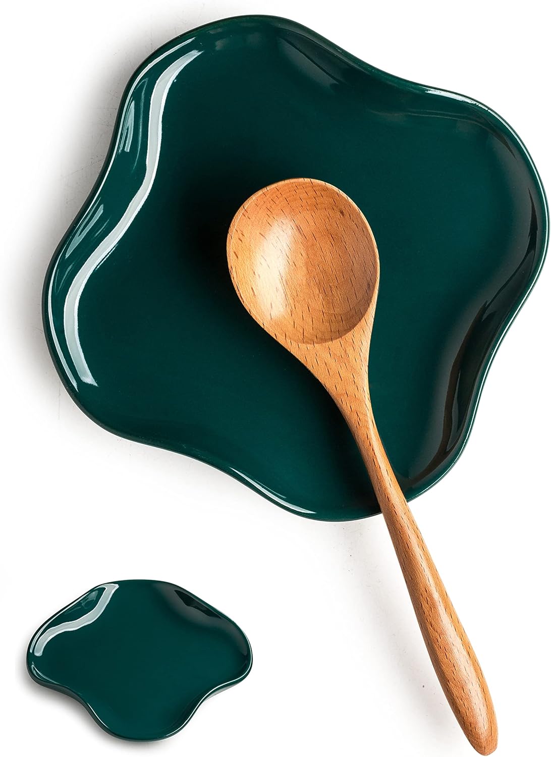 Spoon Holder, Ruffled Edge Ceramic Ladle Holder for Stove Top, Modern Kitchen Decor Stove Spoon Holder Cooking Ladle Holder for Multiple Utensils, Christmas Gifts Dark Green