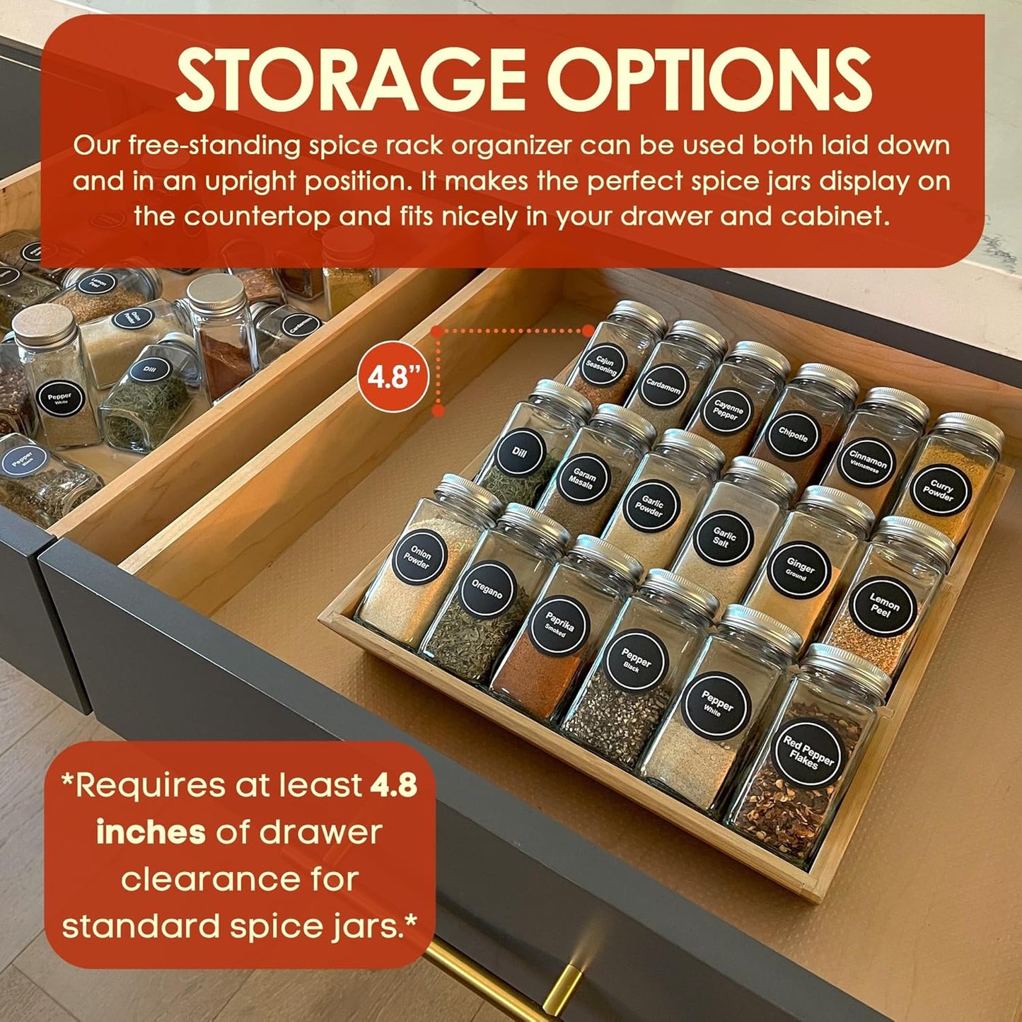 Bamboo Spice Rack and Organizer, 3-tier Seasoning Spice Jar Organizer, Excellent Tiered Wooden Spice Racks Free Standing for Cabinet Drawers and Countertop [Spice Jars Not Included]