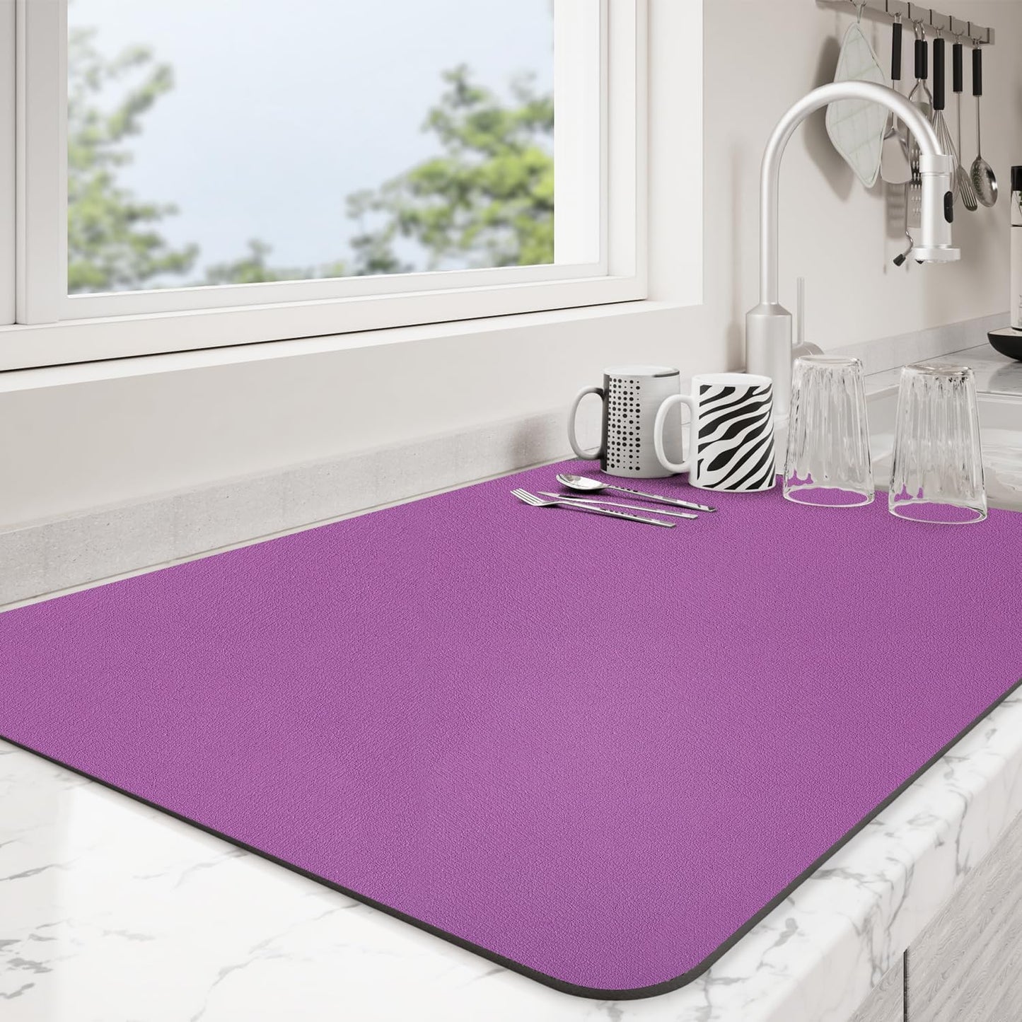 Dish Drying Mat for Kitchen Counter | Coffee Bar Mat for Countertops | Heat Resistant Drainer Mat with Non-slip Rubber Backed | Hide Stain Kitchen Absorbent Draining Mat | Purple 18"x24"