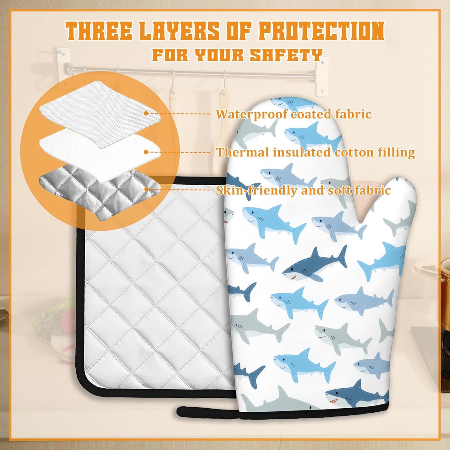 Cute Shark Oven Mitts and Pot Holders Set,Kitchen Decor Heat Resistant Non Slip Hot Pads and Oven Mitt for Chef Cooking Baking BBQ Mom Girl Gifts(4 Piece Set)