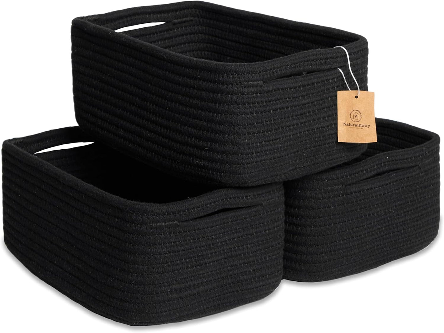 NaturalCozy 11.8"x8"x4.5” Rectangle Storage Baskets for Shelves 3 Pack | Cotton Rope Woven Small Baskets for Organizing | Small Storage Bins for Nursery, Bathroom, Closet, Shelf, Decorative, Gift