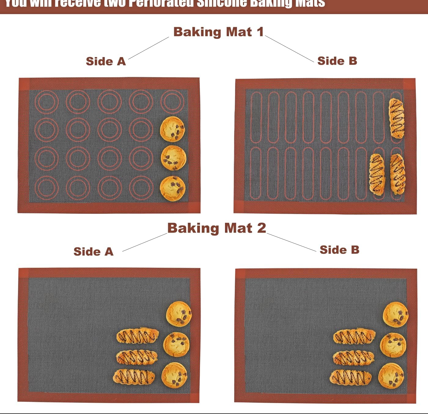 Perforated Silicone Baking Mats, 2pcs Reversible Silicone Baking Mat, Non Slip Reusable Eclair Baking Sheets for For Bread Cookies Open Mesh Oven Liners (Black-2Pcs)