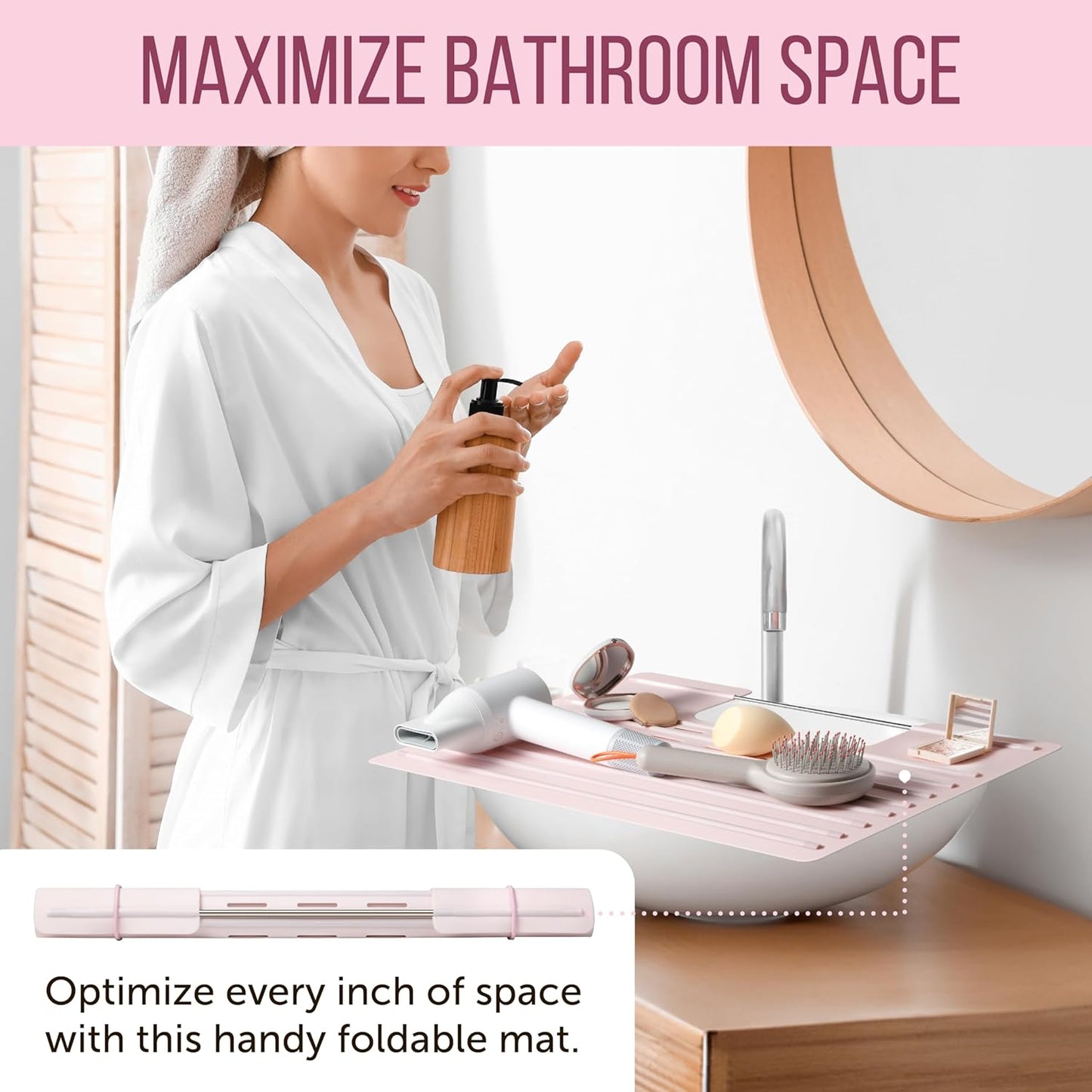 Maplefield Foldable Silicone Bathroom Sink Cover - Extra Counter Space Vanity Mat - Heat-Resistant Bathroom Sink Topper - Large, Rose Pink, 22 x 2 x 2 in