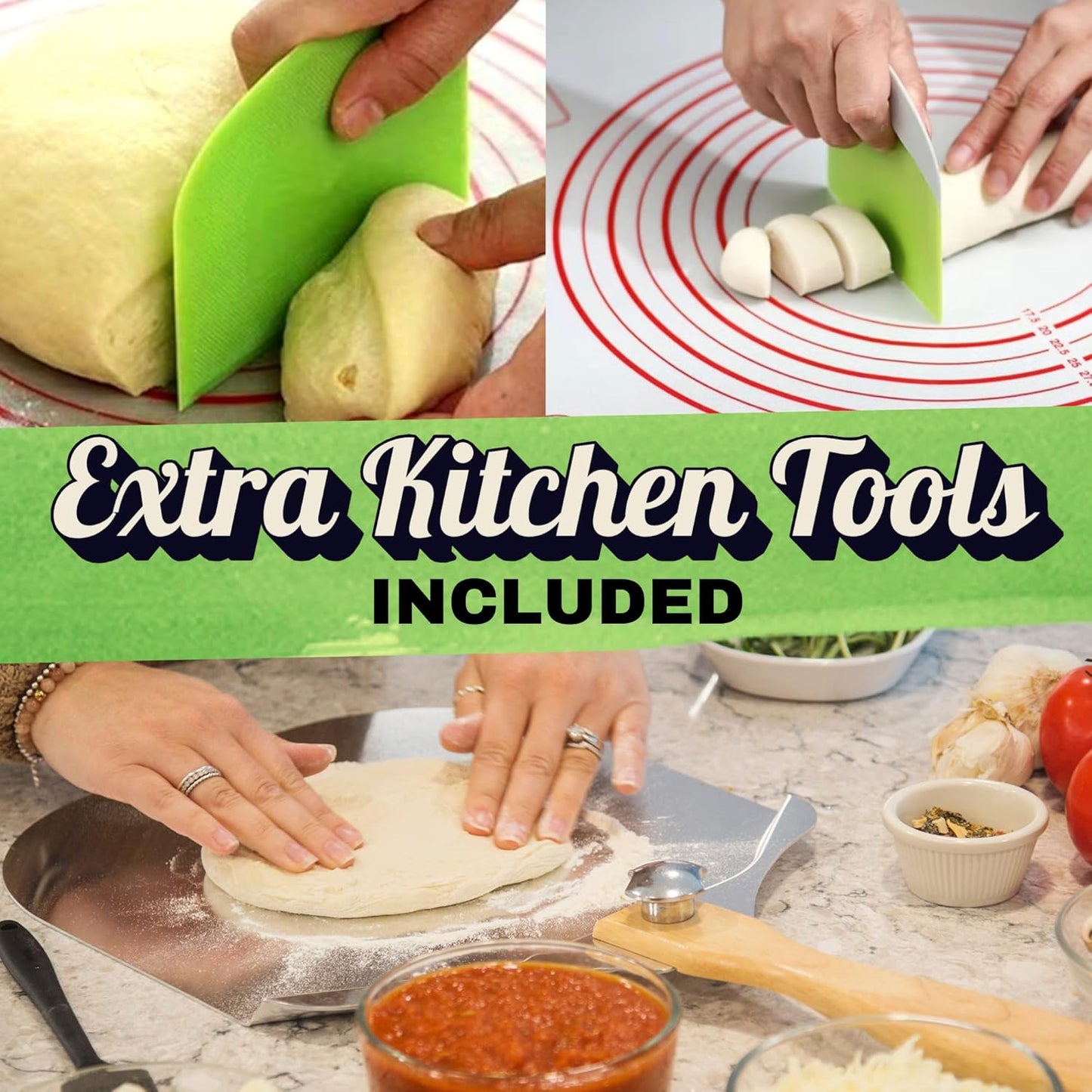 Round Pizza Stone for Oven 16 inch - Large Pizza Stone for Grill with Handles, Metal Pizza Peel & Dough Tool - Baking Stone for Bread - Oven Stones - Pizza Making Set