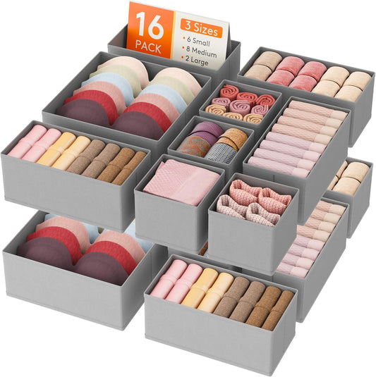 Lifewit Drawer Organizer Clothes for Closet 16 Pack, 3 Sizes Underwear Wardrobe Drawer Dividers, Fabric Foldable Dresser Storage Organizer Bins for Sock, Bra, Lingerie, Undies, Grey