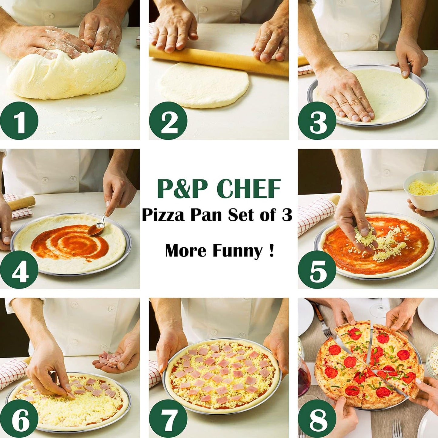 P&P CHEF 12 + 13.5 + 13.5 Inch Pizza Pan, 3 Pieces Stainless Steel Round Pizza Tray Dish Plate For Oven Baking Roasting, Healthy & Heavy Duty, Rust Free & Dishwasher Safe -Silver