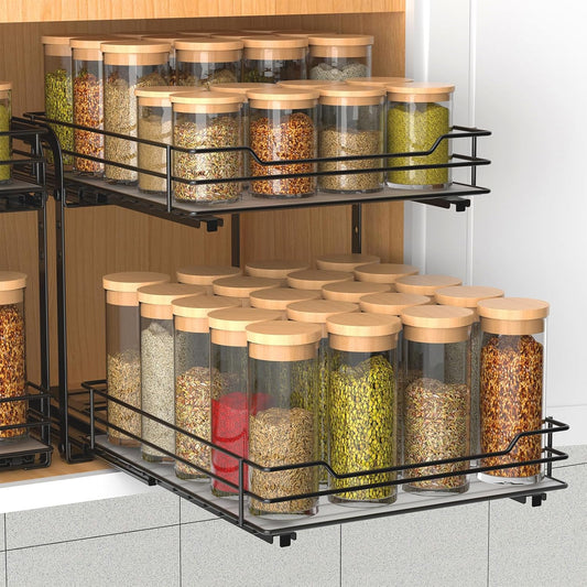 2-Tier Spice Rack, Pull Out Cabinet Organizer Spice Racks Height Adjustable Heavy Duty Metal Basket for Inside Cabinets & Pantry Closet(9.5''Wx10.5''Dx9.5''H)