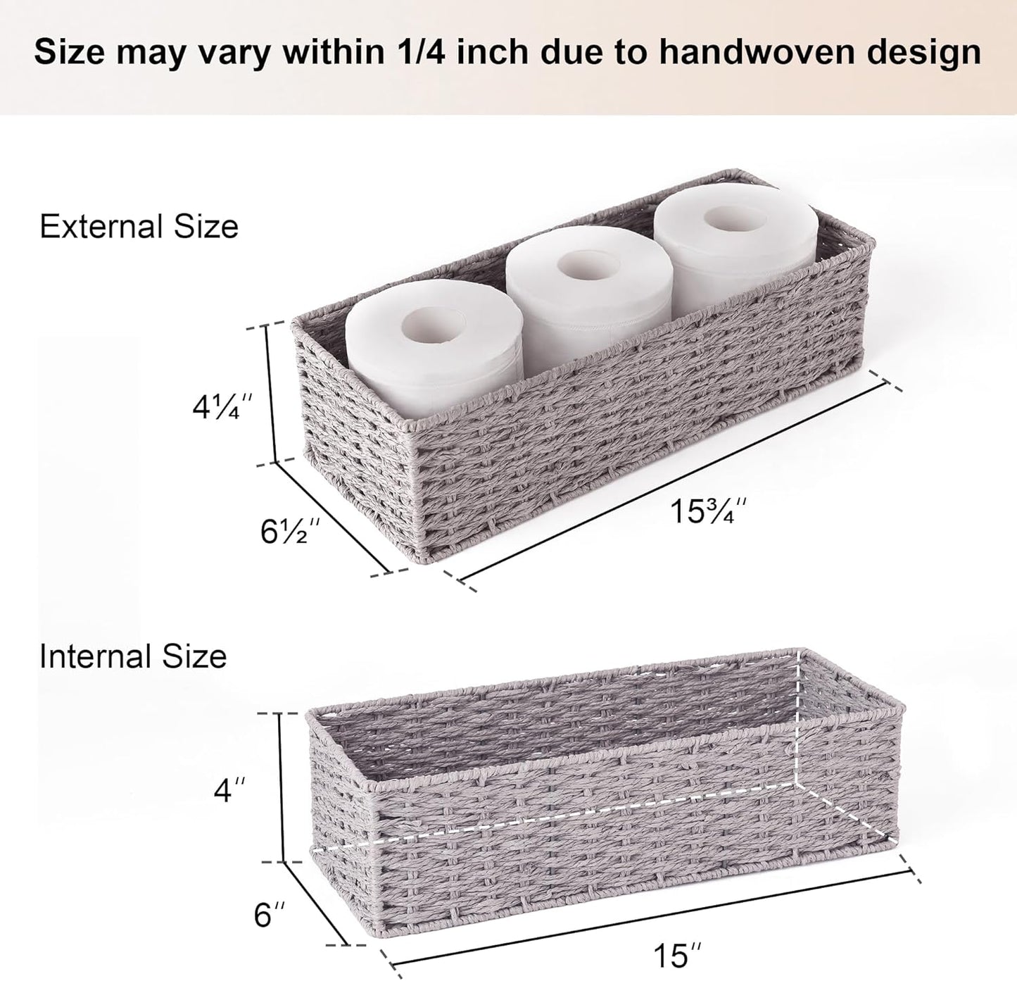StorageWorks Round Paper Rope Toilet Tank Topper Basket, Wicker Basket for Bathroom, Gray, 2-Pack