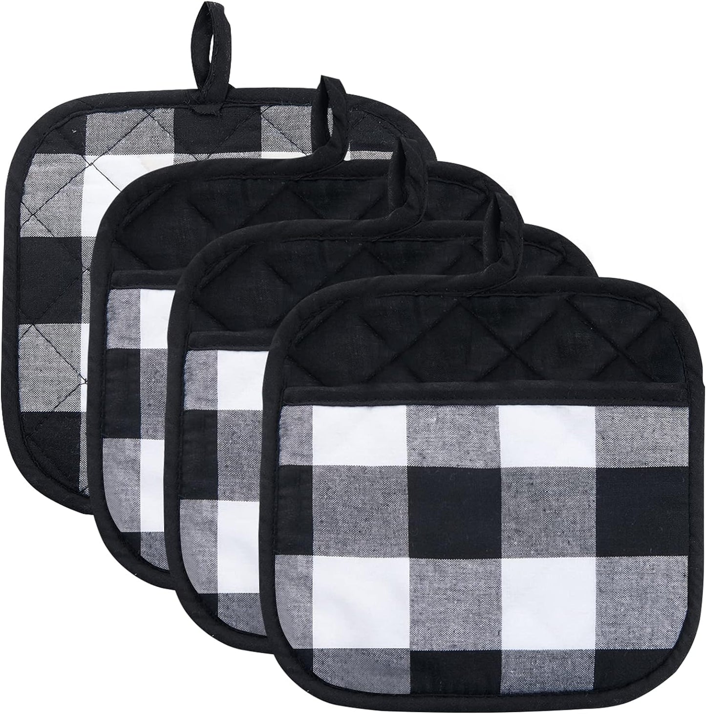 Joyhalo 4 Pack Pot Holders for Kitchen,Cotton Oven Holder with Great Heat Resistance,Non Slip Hot Pads for Kitchen Clearance,Black and White