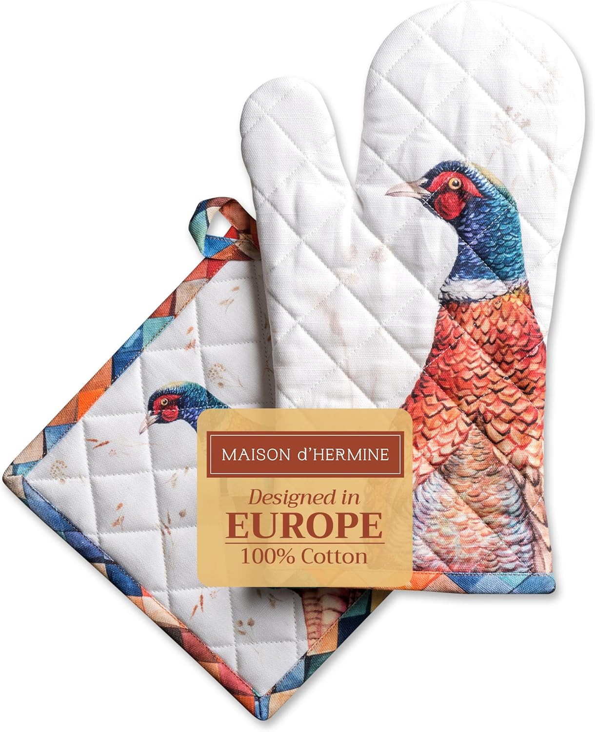 Maison d' Hermine 100% Cotton Oven Mitt & Pot Holder Set (7.5"x13" & 8"x8") Heat Resistant BBQ Cooking Gloves with Loop, Baking, Grilling, Kitchen, Handling Hot Pans (Faisan D'Automne)