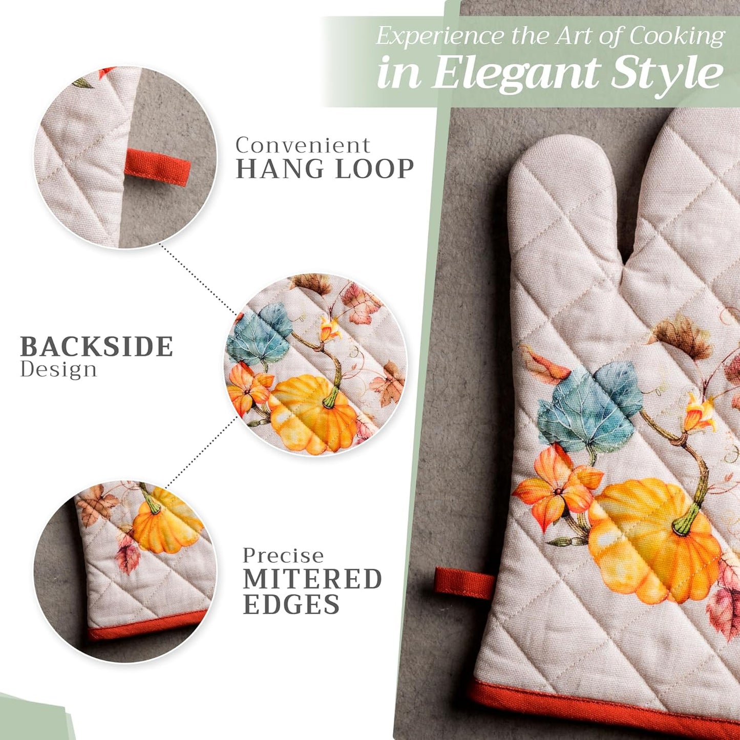 Maison d' Hermine 100% Cotton Oven Mitt & Pot Holder Set (7.5"x13" & 8"x8") Heat Resistant BBQ Cooking Gloves with Loop, Baking, Grilling, Kitchen, Handling Hot Pans (Potiron)