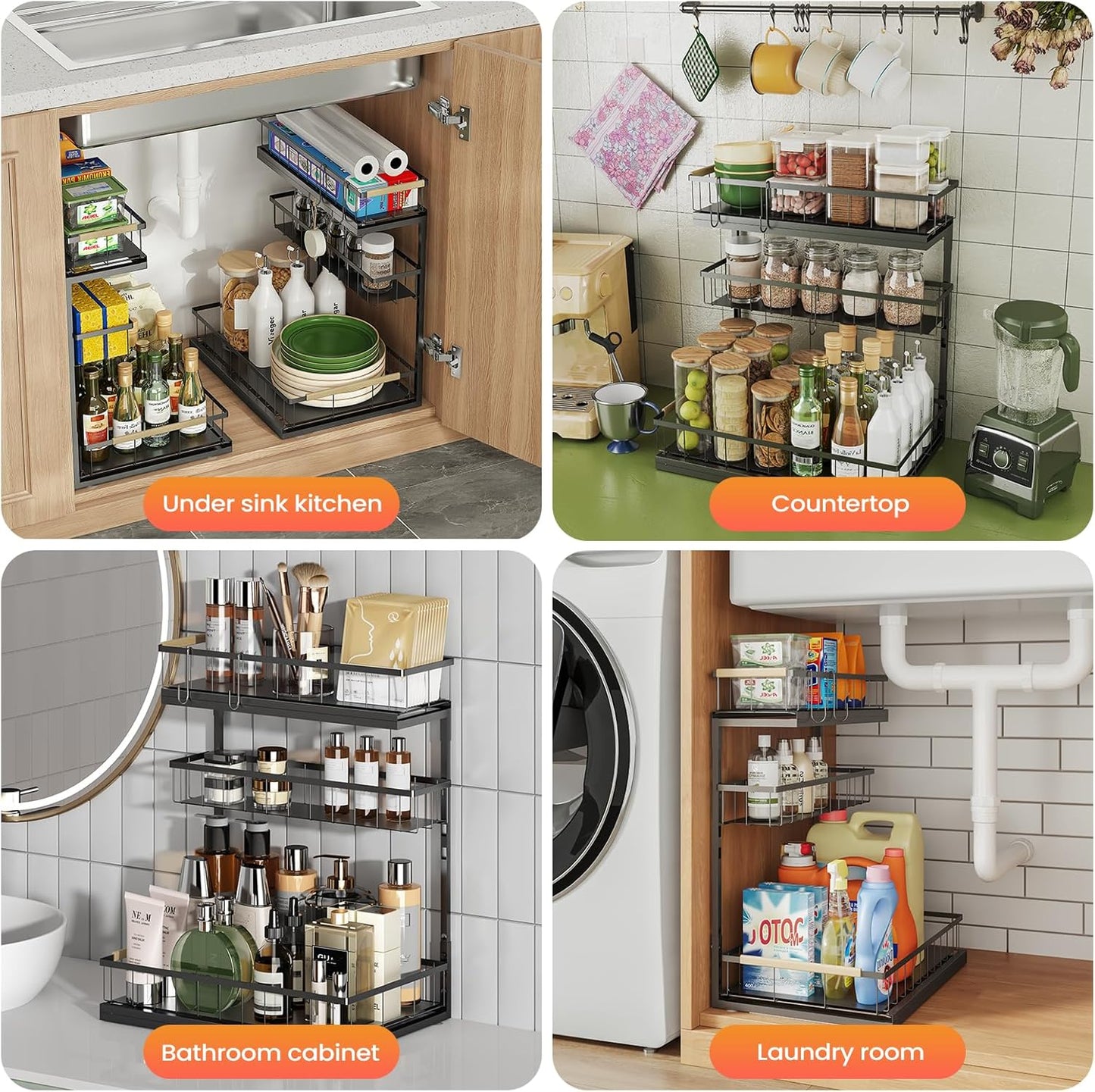 Under Sink Organizer and Storage for Bathroom and Kitchen - 1 Pack Pull Out Under Cabinet Shelf Organizers - 2 3 Tier Sliding Out Drawer Organization for Home Cabinets Shelves and Drawers