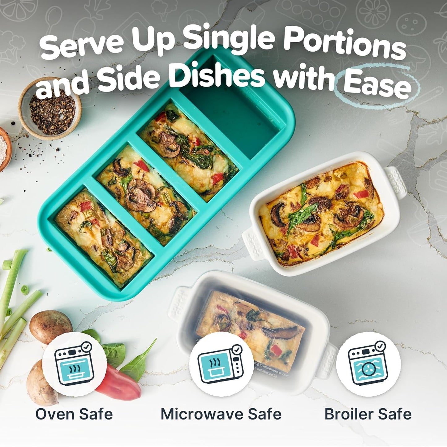 Souper Cubes Stoneware - Small Ceramic 5" x 3" Baking Dish with Silicone Covers, Small Baking Dishes for Oven Perfect for Reheating Single Serve Portions, Set of 4 - White