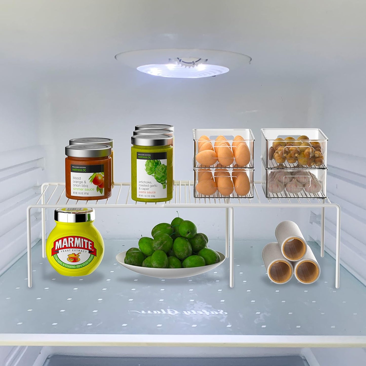 Redrubbit Cabinet Storage Shelf Rack, Expandable Metal Rustproof Kitchen Counter and Cabinet Shelf, Storage Rack Organizer Space Saver for Kitchen, Fridge, Cabinet, Bathroom, White