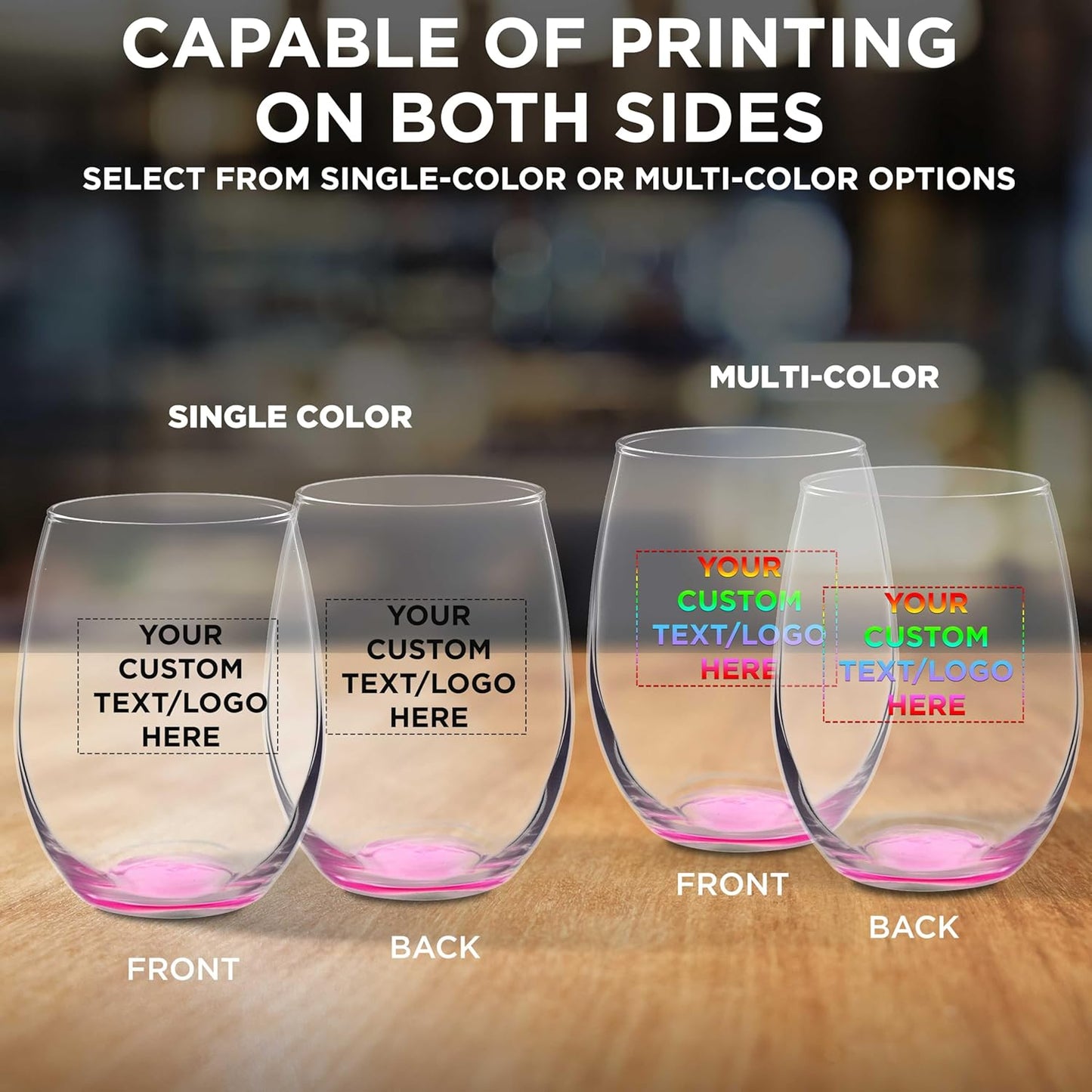 Custom Stemless Wine Glasses in Bulk by ARC Perfection, 15 oz, 10 pack, Personalized Text, Logo, Red or White Wine Glass Set, Pink