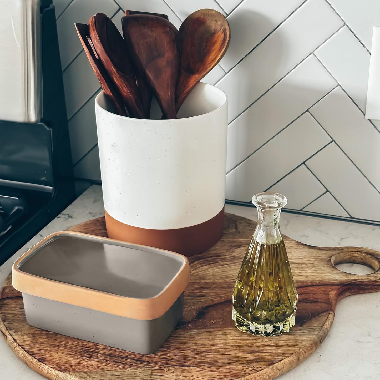 Mora Ceramic Two-in-One Butter Dish with Lid, Covered Butter Crock Container to Leave on Countertop - Large Storage Keeper/Holder for Kitchen, Gifts for Her, Butter Tray For Counter - Sesame Milk