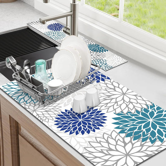Findosom 2PCS 17" x 32" Dish Drying Mat & 24" x 5.5" Sink Splash Guard, Super Absorbent & Cuttable Dish Mat Drying Kitchen Mat with Blue Floral, Hide Stain Drying Mat for Kitchen Counter