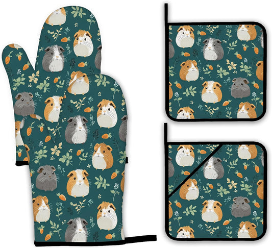 Cute Guinea Pig Oven Mitts and Pot Holders,Heat Resistant Oven Mitts Gloves and Pot Holder for Home Kitchen Decorations Cooking Baking BBQ Gifts,Set of 4