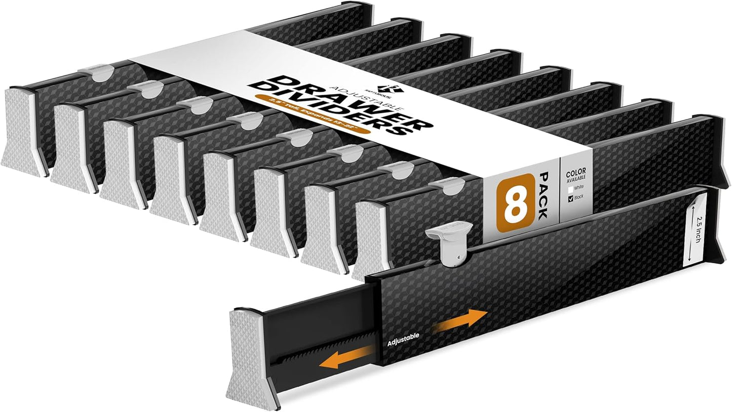 RAPTUROUS Adjustable Drawer Dividers 8 Pack, 2.5" High, 13-22" Long, Dresser Drawer Organizer for Bedroom, Closet, Kitchen, Nursery, Office, Strong Hold, Soft Foam Edges, Black