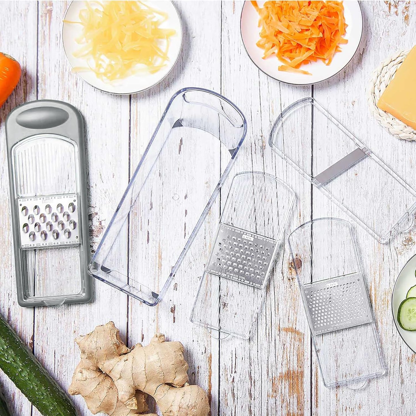 LHS Mandoline Slicer, 4 Sharp Stainless Steel Blades with Food Storage Container — Kitchen Tools for Cheese, Chocolate, Vegetables& Fruits - Dishwasher Safe (grey)