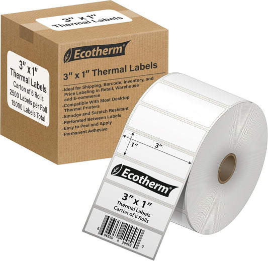 3" x 1" Thermal Labels | 6 Rolls | 15000 Labels | fits Zebra, Munbyn, Rollo, Godex, Arkscan, iDPRT, Offnova Thermal Label Printers and More | Blank White Adhesive Stickers by Ecotherm