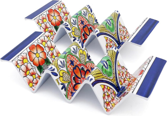 TP Taco Holder Stands, Set of 2 Melamine Large Taco Serving Rack Tray with Handle, Holds 3 Tacos, Dishwasher Safe, Ideal for Taco Night, Party, Home, Fiesta, Talavera Tile