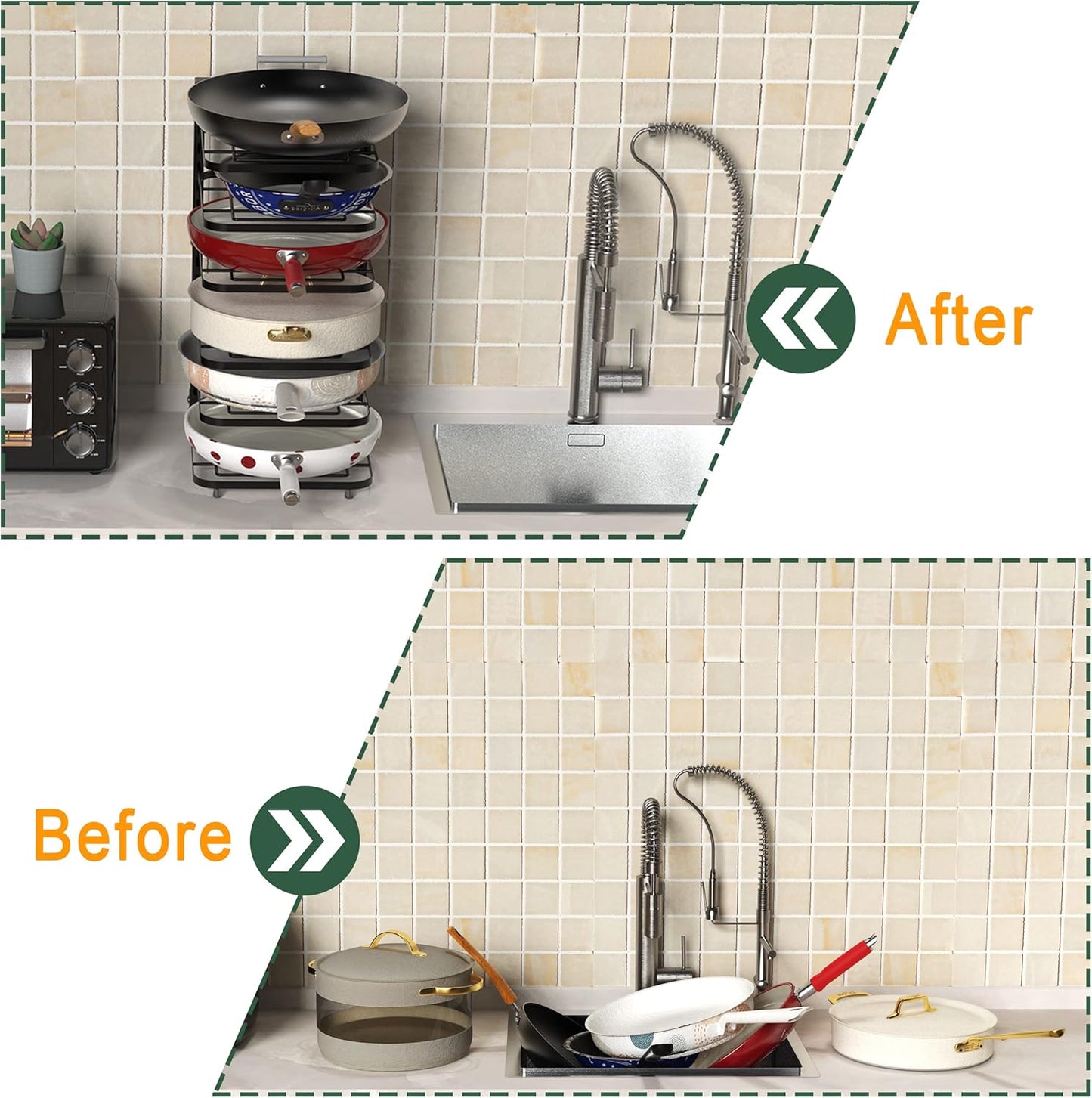 6-Tier Multifunctional Adjustable Pan & Pot Rack for Cabinet, Countertop Organizer, Pot Organizer for Kitchen Organization & Storage, Pot Lid Organizer (Black)