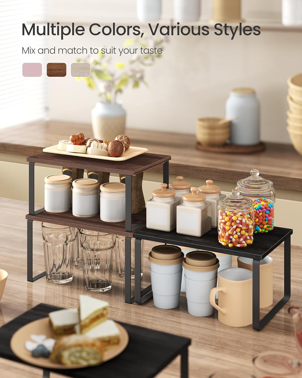 SONGMICS Cabinet Organizer Shelf, Set of 2 Kitchen Counter Shelves, Kitchen Storage, Spice Rack, Stackable, Expandable, Metal and Engineered Wood, Natural Walnut and Matte Black UKCS020K01