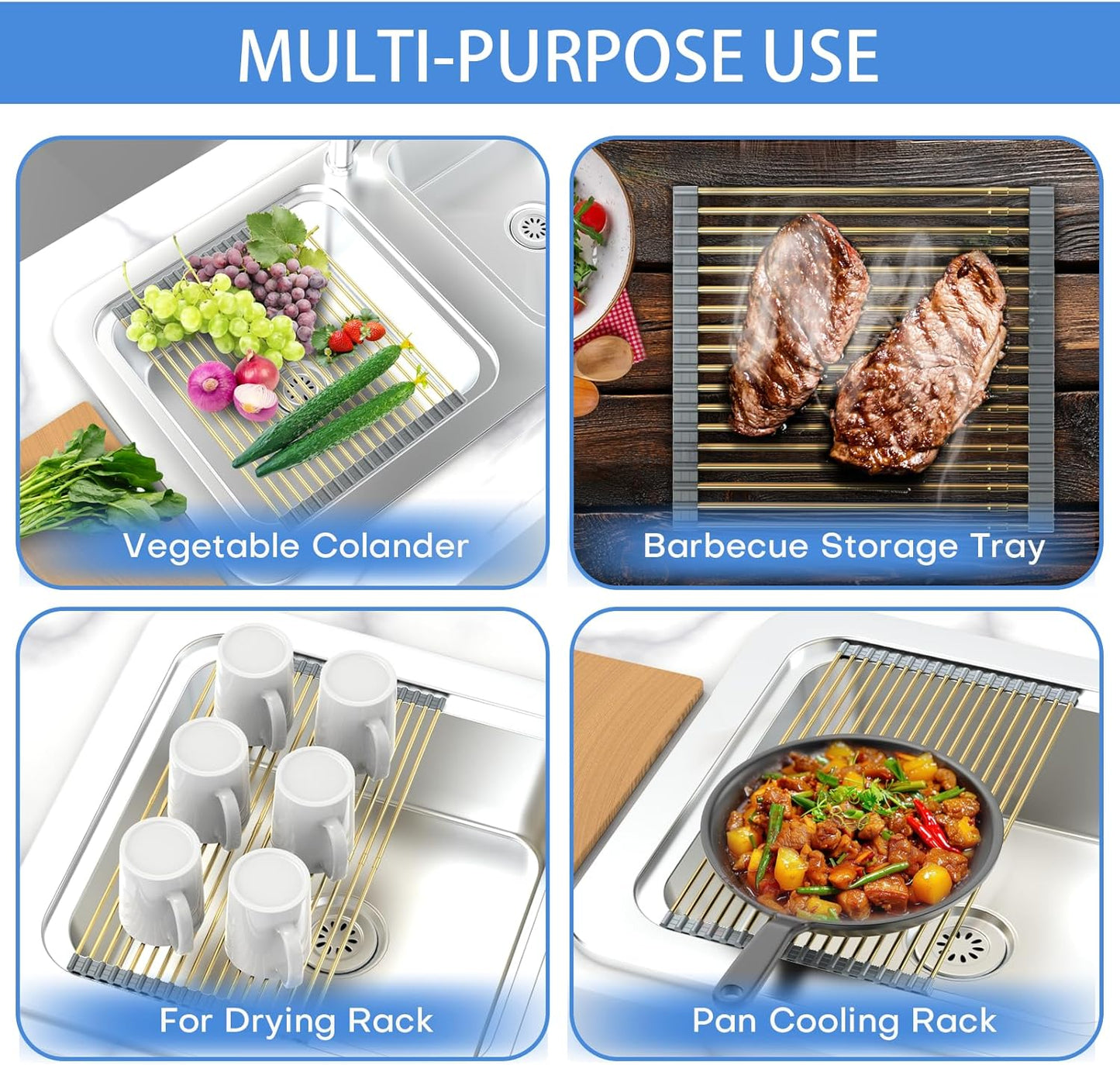 Expandable Large Draining Rack, Roll Up Heat-Resistant Dish Drainer for Stainless Steel Sinks, Collapsible Over The Sink Rack Non-Slip Silicone Rolling Up Rack Gold 18 Tube