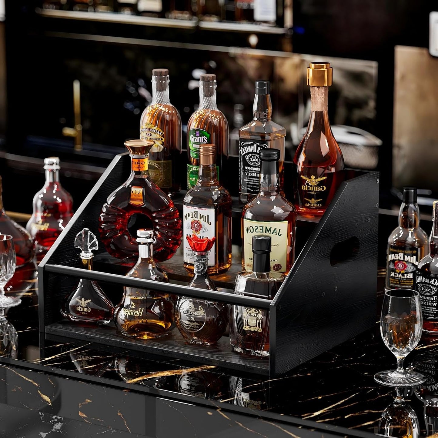 3 Tier Wood Liquor Bottle Display Shelf, Coffee Syrup Organizer Rack, Wine Racks Countertop, Bar Shelf for Vodka Tequila Whiskey, Liquor Cabinet for Home Decor, Mini Bar, Black Bar Organizer