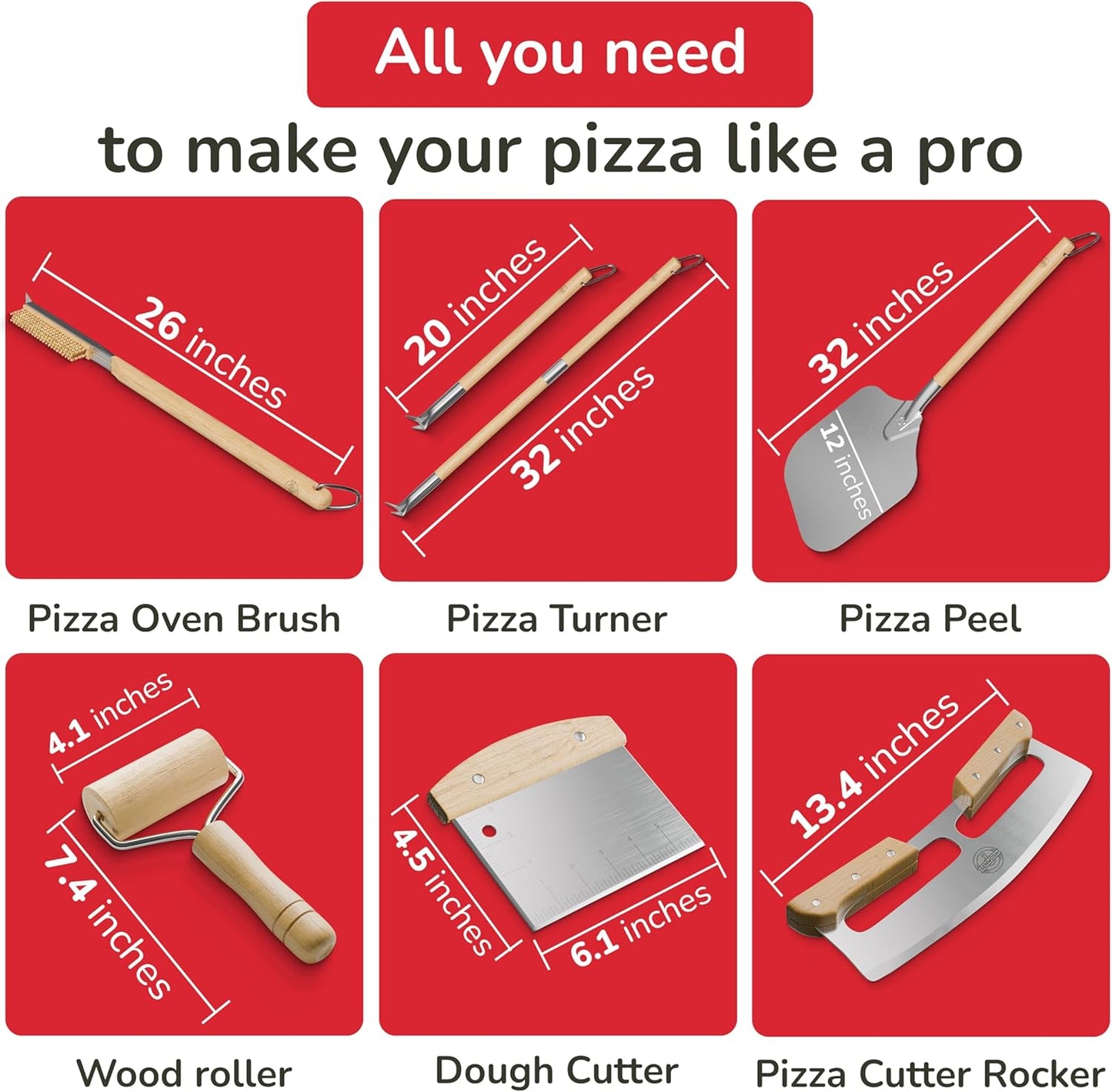 Premium Pizza Oven Accessories Kit - 6-Piece Set for Home Pizza Making: Includes Pizza Peel, Oven Brush, Bubble Popper Turner, Rocker Cutter, Dough Roller & Scraper