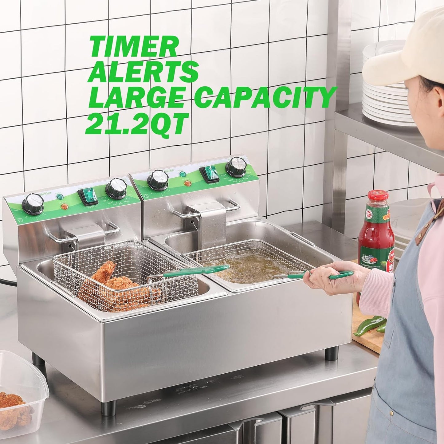 20L/21.2QT Commercial Deep Fryer with Timer Dual Tank Electric Countertop Fryer with Double Baskets and Lids, Temp Control, 3400W/110V Stainless Steel Large Deep Fryer for Restaurant Kitchen