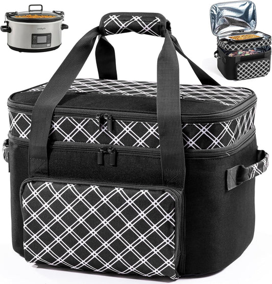 Double Layer Slow Cooker Carrier Bag – Fits 6–8 Qt Oval Slow Cooker Compatible with CrockPot & Hamilton Beach | Insulated Travel Tote with Utensil Storage & Adjustable Straps
