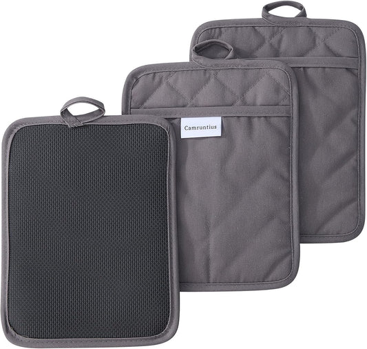Kitchen Pot Holders, 7"x9", Rectangular with Pocket, Cotton and Neoprene Heat-Resistant Potholders for Cooking and Baking, Machine Washable, 3-Piece Set (Gray)