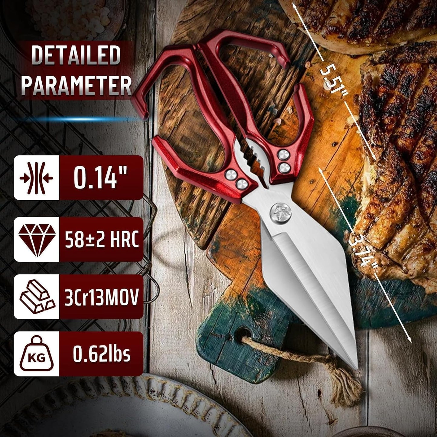 Dream Reach Poultry Shears - Heavy Duty Kitchen Scissors for Food with Ergonomic Handle, Japanese High-Carbon Steel Culinary Shears for Chicken, Meat, Seafood, Bone Cutting, Gift Box Included (Red)