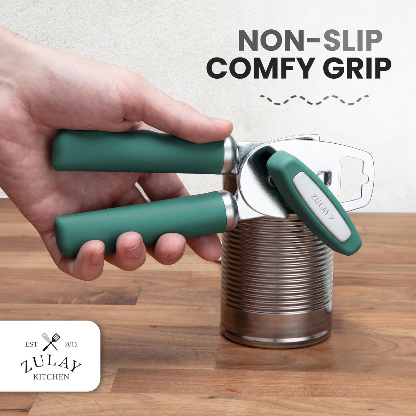 Zulay Kitchen Heavy Duty Stainless Steel Can Opener Manual with Bottle Opener - Rust Proof Manual Can Opener With Turn Knob & Comfy Soft Grip Handles - Pine Green