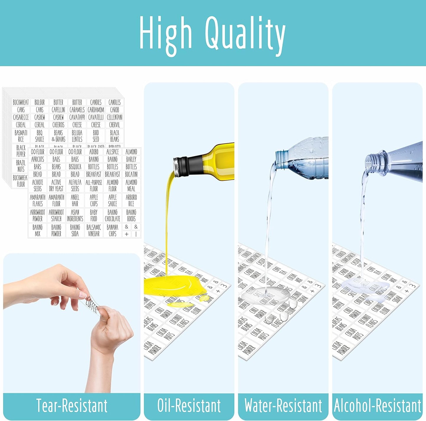 Hebayy 612 All Caps Minimalist Pantry Food Labels, Herb Spice Seasoning Oil Stickers, Plus 51 Blank Ones, Waterproof, Oil & Tear Resistant, No Residue, Expand Version for Kitchen Containers Jars