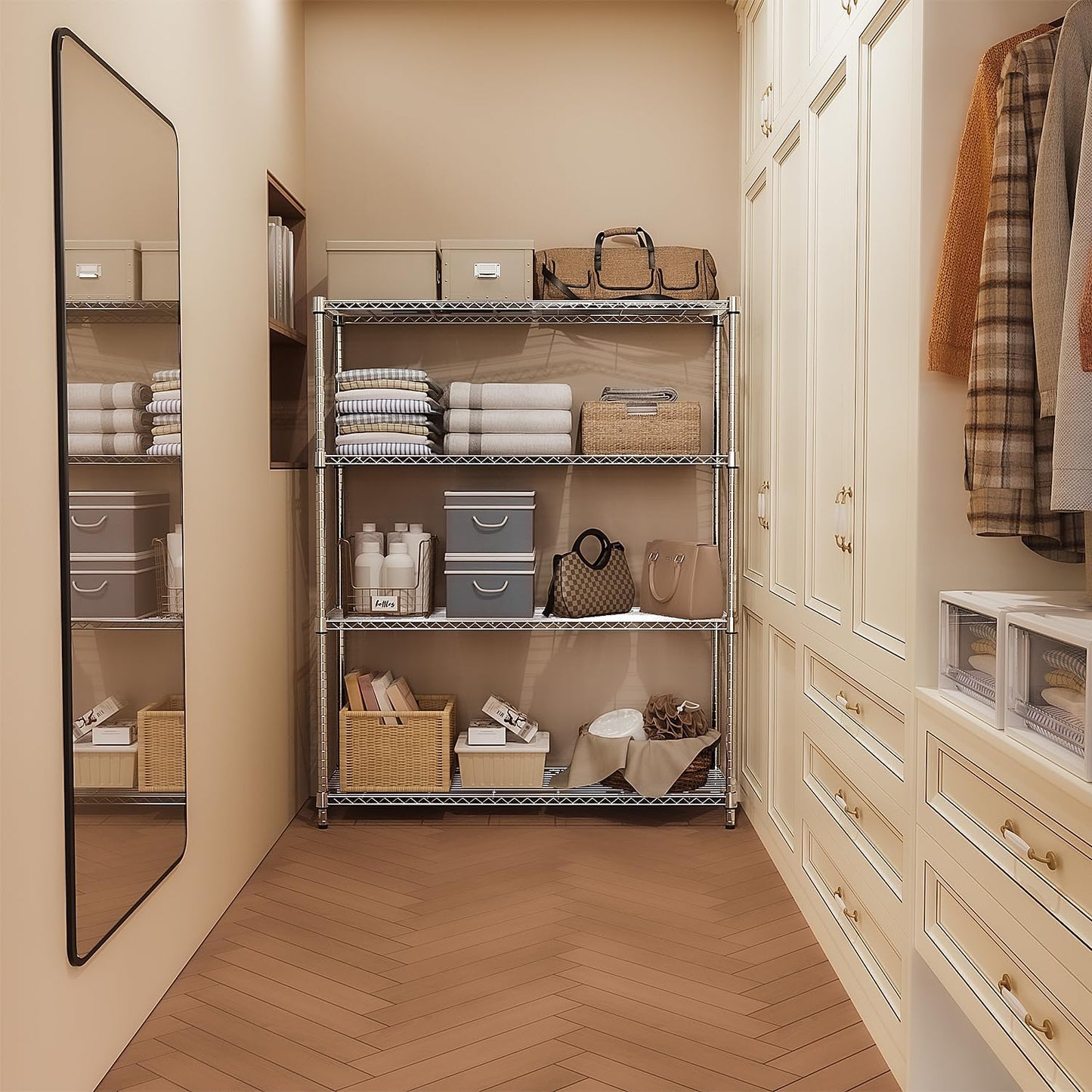 5-Shelf Storage Shelves,Wire Shelving Heavy Duty Metal Storage Shelving Unit Adjustable Garage Shelving Rack Pantry Kitchen (Chrome, 4 Tier,15.8" D x 45.3" W x 59.4" H)