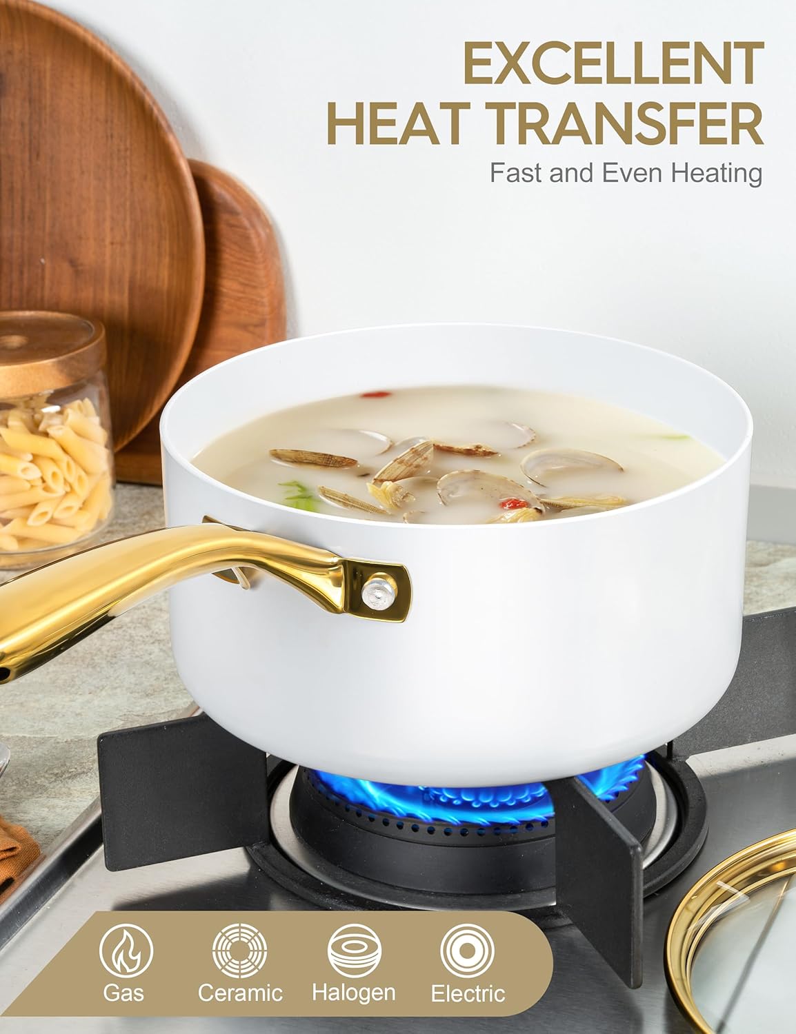 MICHELANGELO 2 Quart Saucepan with Lid, Nonstick Ceramic Sauce Pan with Ergonomic Handle, 2 Qt Small Pot, Oven-Safe, Induction-Compatible, White