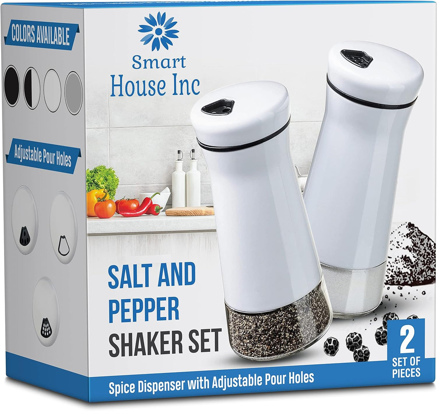 The Original Salt and Pepper Shakers set - White- Spice Dispenser with Adjustable Pour Holes - Stainless Steel & Glass - Set of 2 Bottles