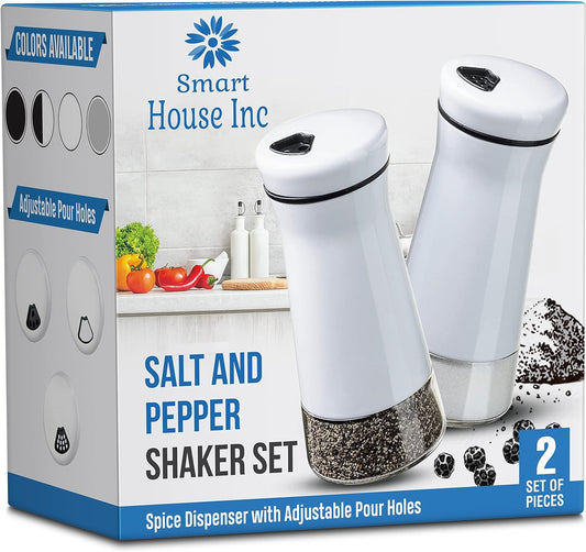 The Original Salt and Pepper Shakers set - White- Spice Dispenser with Adjustable Pour Holes - Stainless Steel & Glass - Set of 2 Bottles