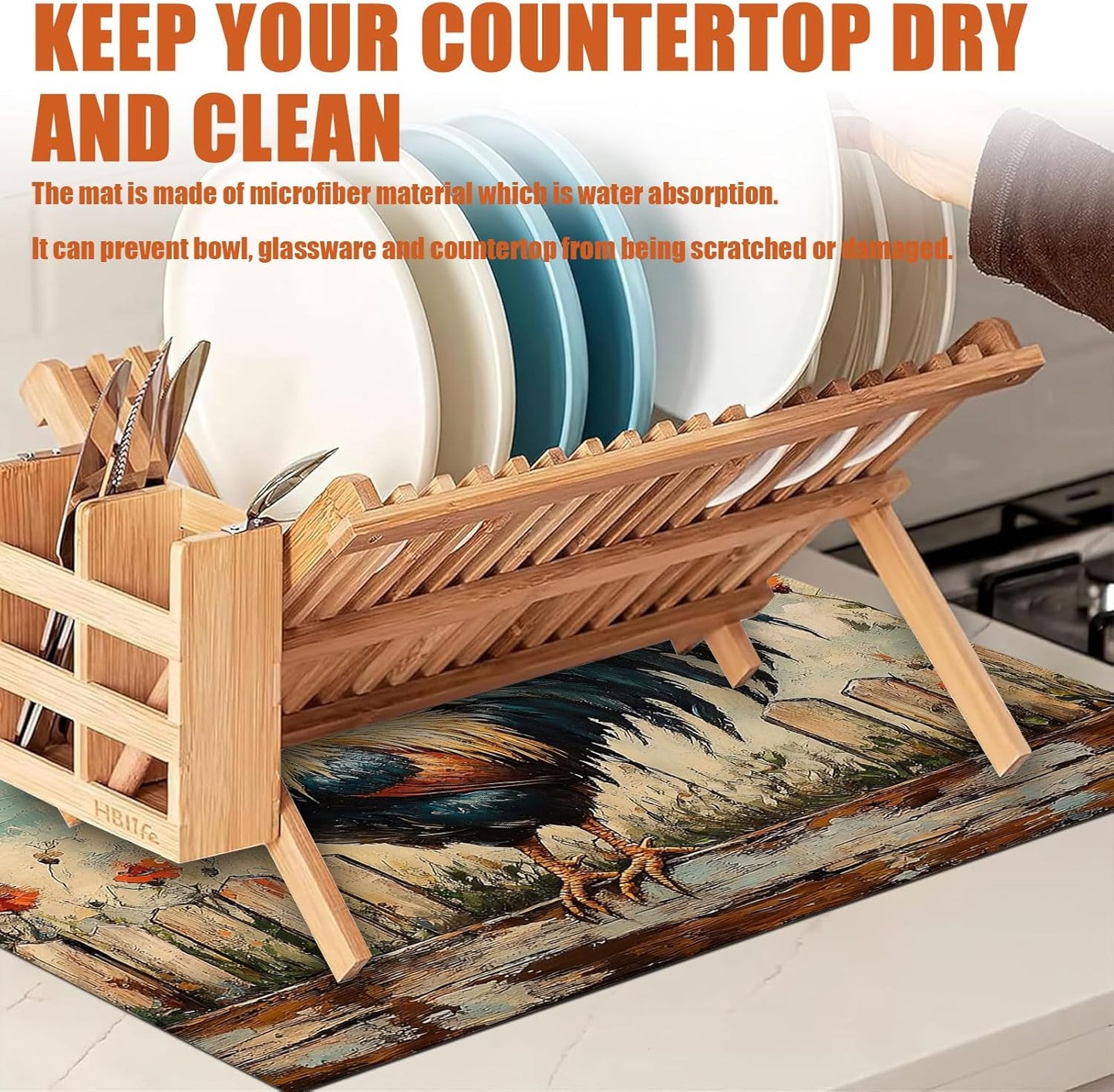 Vintage Rooster Dish Drying Mat for Kitchen Counter Microfiber Absorbent Dish Kitchen Drying Mat Draining Reusable Washable for Dishes/Utensils/Counterto