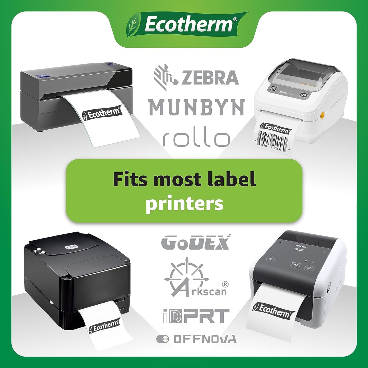 2.25" x 2" Thermal Labels | 4 Rolls | 2940 Labels | fits Zebra, Munbyn, Rollo, Godex, Arkscan, iDPRT, Offnova Thermal Label Printers and More | Blank White Adhesive Stickers by Ecotherm