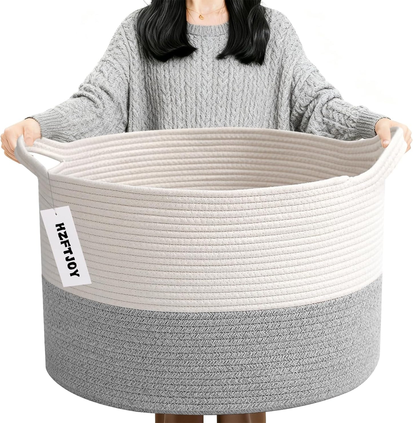 Large Blanket Basket for Organizing,65L Closet Organizers and Storage Bins Box for Shelves Woven Rope Storage Baskets,Living Room,Bedroom,Dorm,Laundry room (White&Grey)
