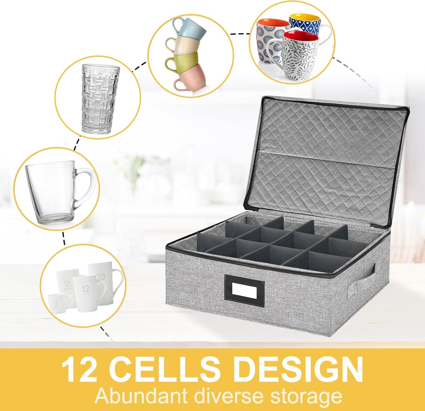 Coffee Mug Storage Box with Dividers, Durable China Storage Containers for Coffee Mugs, Tea Cups Storage Organizer with Lid, Handles, Label Window, Holds 12 Mugs, Hard Shell and Stackable (Grey)