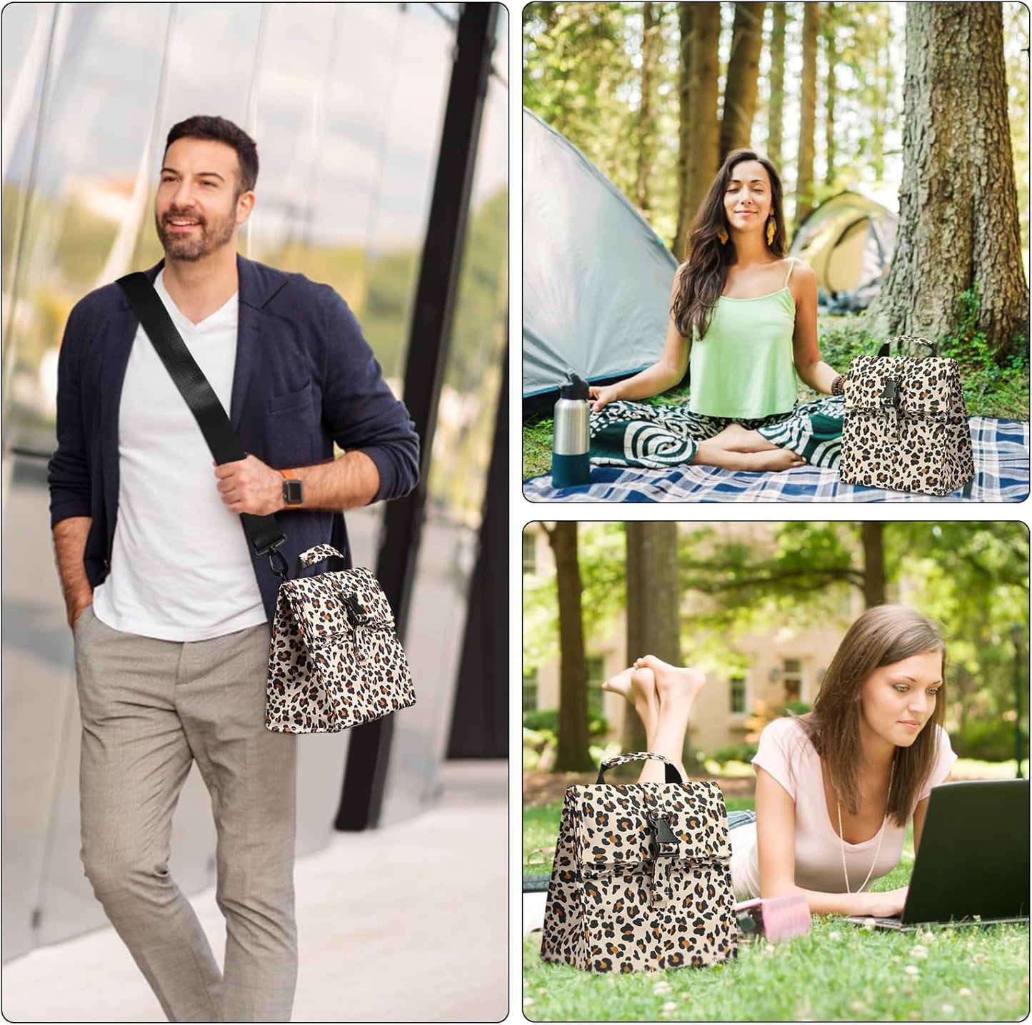Insulated Foldable Lunch Bag- Lightweight Portable with Adjustable Shoulder Strap Lunch Box for Men, Women, Office, Work, Picnic, Hiking and Beach (Leopard(Soft Fabric))